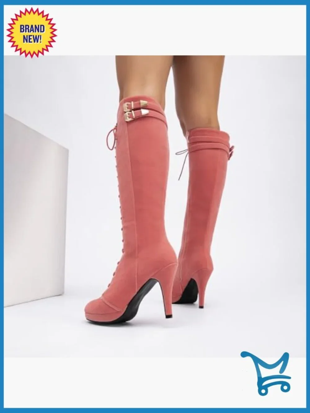 Knee High Boots Suede Lace Up Zipper Heeled Thigh High Dress Boots